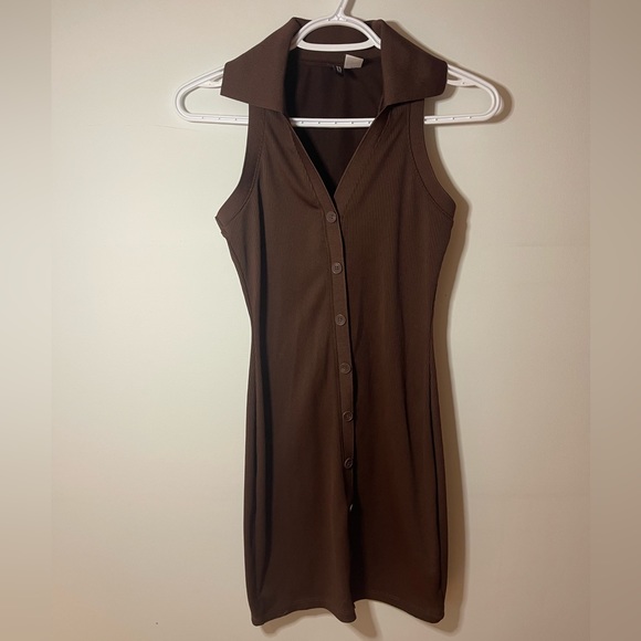 Brown ribbed and collared mini bodycon dress - Picture 3 of 3